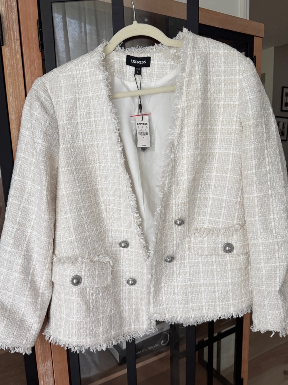 NEW Express Tweed Boucle Fringe Blazer Jacket Career Open business work ivory